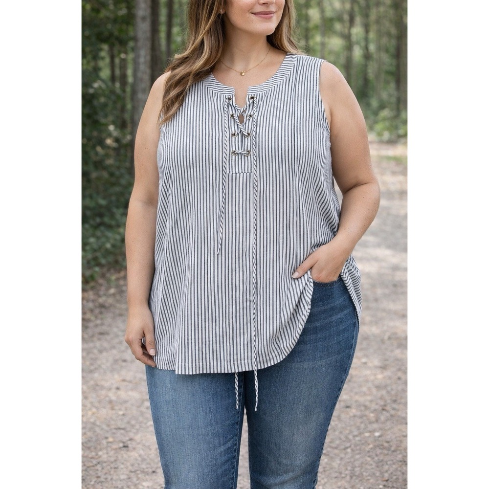 Women 100% Linen Stripe Blouse Top Sleeveless  Lagen Look Matured Relaxed Fit